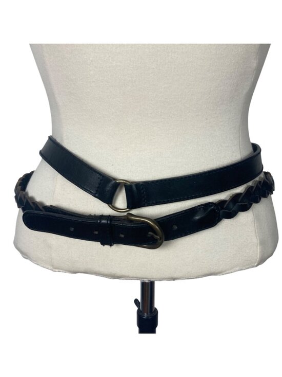 Vintage Echo Black Braided Leather Double Wrap Belt Brass Buckle Large 80s 90s main image 7